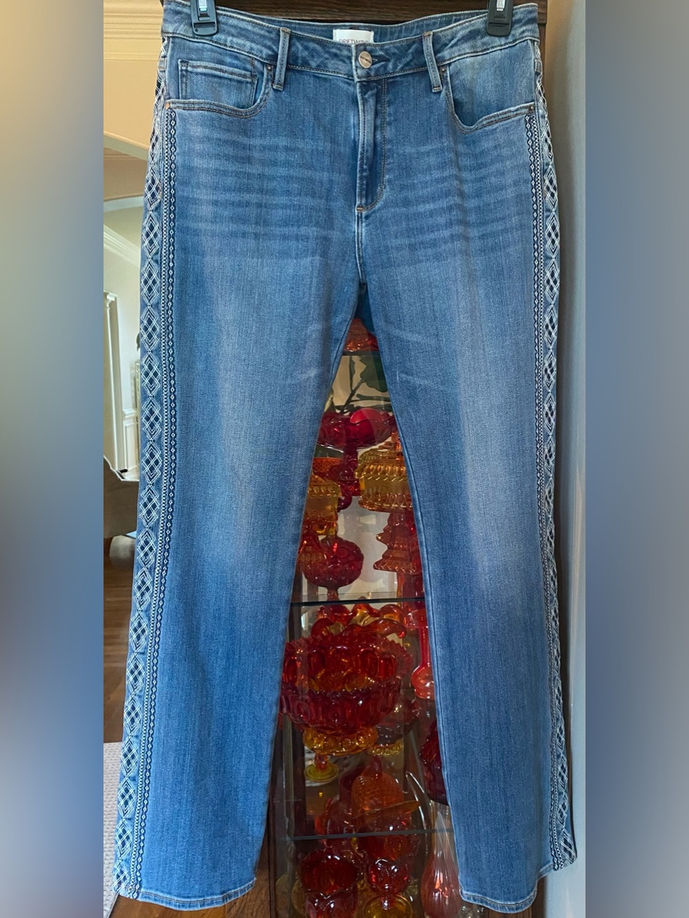 DRIFTWOOD Audrey Straight-Leg Jeans with Geometrical Embroidered Trim 31